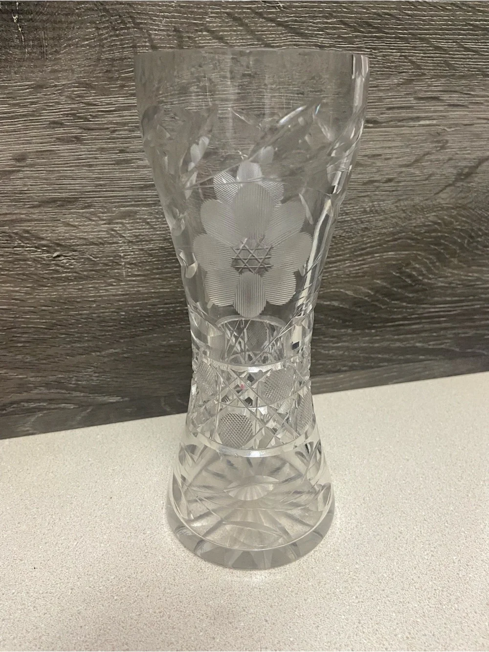 8” Antique American Brilliant Period Cut Glass Hourglass Vase Daisy Pattern